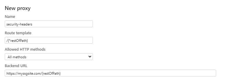 New Proxy form in Azure Portal